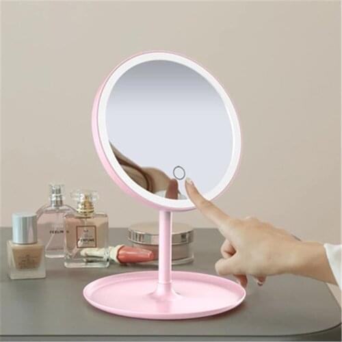 Desktop LED Makeup Mirror USB Charging Desktop Lamp Face Mirror Rotating Touch Dimmer Cosmetic Mirror with Storage Organizer
