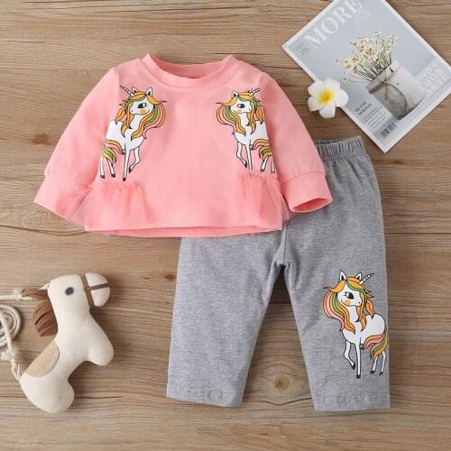New Spring Fall Cotton Baby Girl Clothes Set Colorful Horse Long Sleeve Tops+trousers Casual Baby Girl Outfit Baby Clothes 0-18M