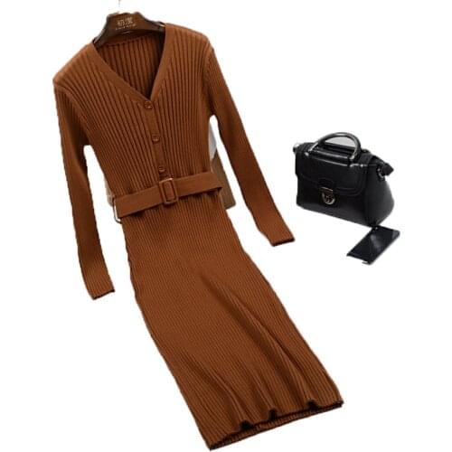 Autumn Winter Knit Long Dress Women Casual V Neck Slim Bodycon Sweater Dresses Office Lady THICK Button Dress With Belt