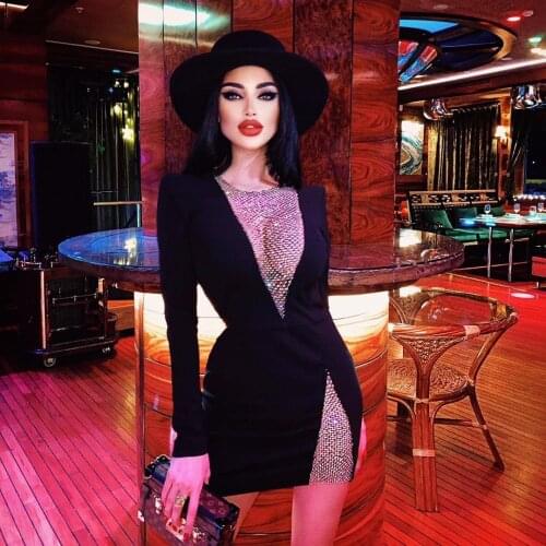 Long Sleeve Dress Sexy Diamond V-neck Split Bodycon Slim Party Evening Fashion Celebrity Bandage Dress Women 2021 Spring New