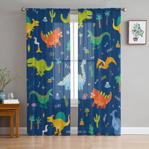 Colorful Cartoon Dinosaur Blue Tulle Curtains for Living Room Bedroom Decoration Chiffon Sheer Voile Kitchen Window Curtain