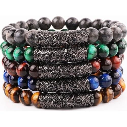 High Quality Natural Tiger Eye Stone Cubic Zircon Tube Charm Elastic Beads Bracelet Jewelry Men