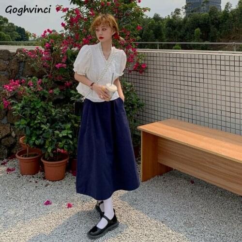 Vintage Casual Summer Sets Women V-neck Embroidery Ruffles Puff Sleeve Shirt Gentle Girls Loose Midi Skirt Trend All-match Sweet