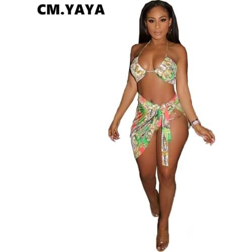 CM.YAYA Women Sexy Bikinis Set Print Sleeveless Halter Wire Free Low Waist Bandage Skirts 3 Piece Set Summer Swimsuit Beachwear