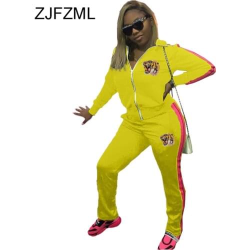 Animal Embroidery Fashion Two Piece Tracksuit Womens Sport Suit Turn Down Collar Long Sleeve Coat and Fitness Pant Matching Set