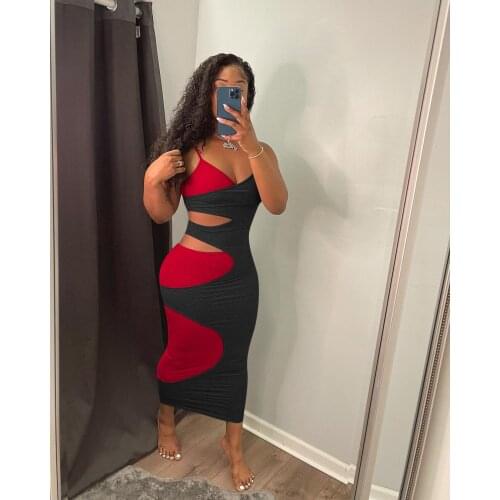 Echoine Summer Strap Color Patchwork Hollow Out Midi Dress Women Sexy Bodycon Fitness Streetwear Clubwear Elegant Sundress