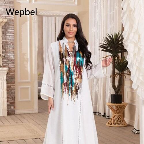 Wepbel Long Sleeve Kaftan Islamic Clothing Muslim Abaya Evening Dress Sequined Embroidered Women Robe Musulman Djellaba Dress