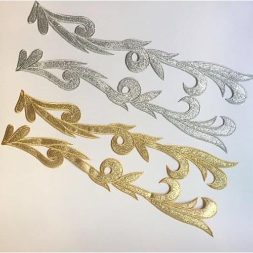1Pair Gold Silver Color Flowers DIY Patch Applique Sew On Patches Floral Embroidered Patch Costume For Wedding Stage Dress Decor