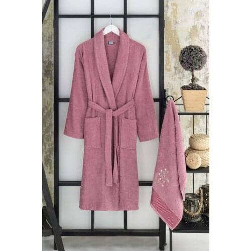 Unisex Purple Elmira Shawl Collar Cotton Havlulu Bath Bathrobe Set