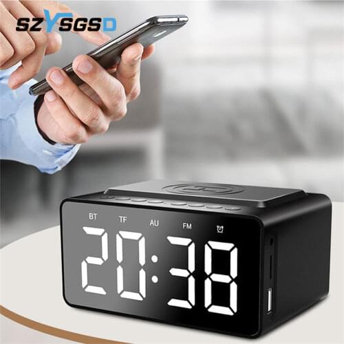 Mobile Phone Wireless Charger With Electric Digital Alarm Clock Desktop Mirror Table Clocks Bluetooth Speaker Time Led Display