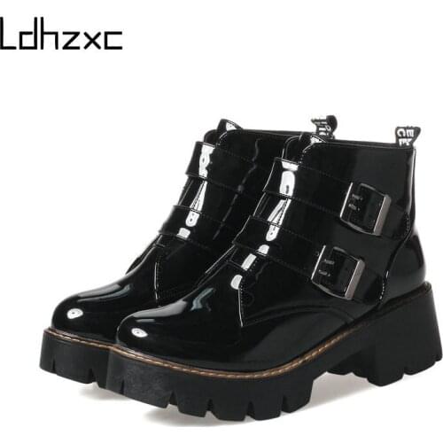 LDHZXC Patent Leather Zipper Booties Women High Heels Autumn Platform Ankle Boots Zippers Black Punk High Quality Big Size