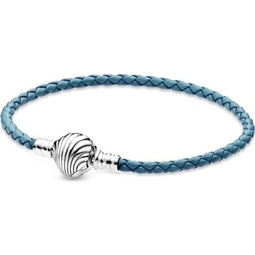 2020 NEW 100% 925 Sterling Silver Moments Seashell Clasp Turquoise Braided Leather Bracelet For Women Original DIY Jewelry Gift