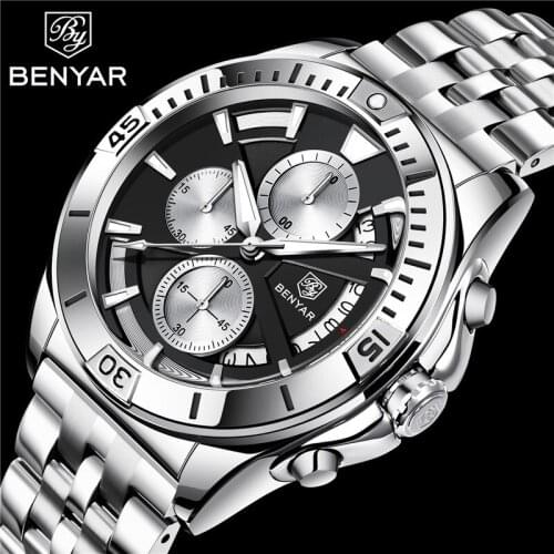 BENYAR Sport Watch Men Top Brand Luxury Male Chronograph Date Clock Military Stainless Steel Waterproof Wristwatch Gift 5180
