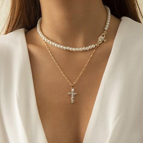 Kpop Dainty Charm Crystal Cross Pendant Necklace for Women Gold Color Punk Multi-layer Pearl Choker Necklace Fashion Jewelry