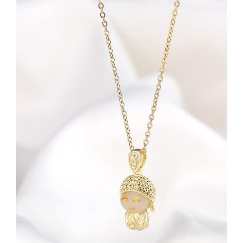 Chinese Style Sweet Smile Buddhism Pendant Necklace Rose Gold Color Stainless Steel Party Birthday Gift Jewelry Lady Accessories