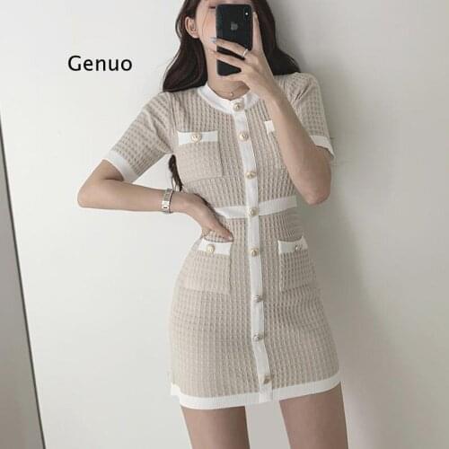 Button Knitted Dress Bodycon Mini Vestido Korean Summer Sexy Party Elegant Black Black