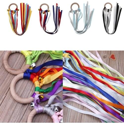 Rainbow Natural Wooden Ribbon Rattle Ring Baby Teether Newborn Montessori Style Sensory Toy Shower Gift length 48.5cm