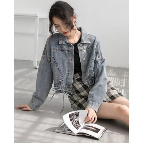 Big Pocket Short Denim Jacket Female Korean Style Loose 2020 Spring New Retro Shirt Lace Up Jaqueta Jeans Women Clothing r240