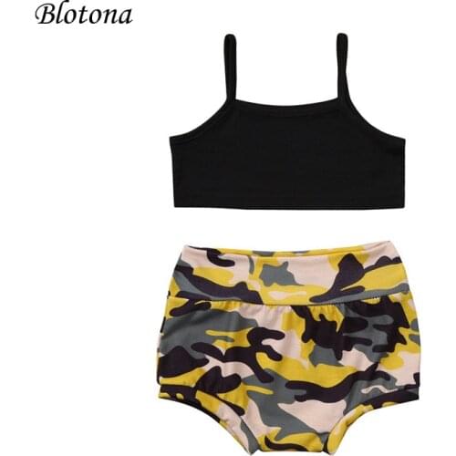 Blotona 2Pcs Baby Summer Outfit, Solid Color Spaghetti Straps Crop Tops + Camouflage Shorts Suit for Toddler Girls, 0-3 Years