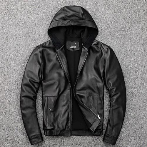 Mens Hooded Leather Jacket 100% Genuine Sheepskin Motorcycle Black Coat Male Hoodies Clothes Spring Hat Leather Jacket Men