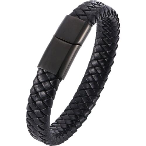 Punk Bracelet of Men Black Genuine Leather Bracelet Stainless Steel Magnetic Bangles Trendy Wristband Jewelry Gift BB0025
