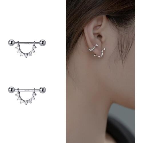 Real 925 Sterling Silver Simple U Shape Zircon Stud Earrings Hypoallergenic Jewelry for Women