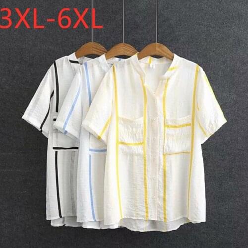 New 2021 Ladies Summer Plus Size Tops For Women Large Short Sleeve Loose Stripe Cotton White Pocket V-neck Shirt 3XL 4XL 5XL 6XL