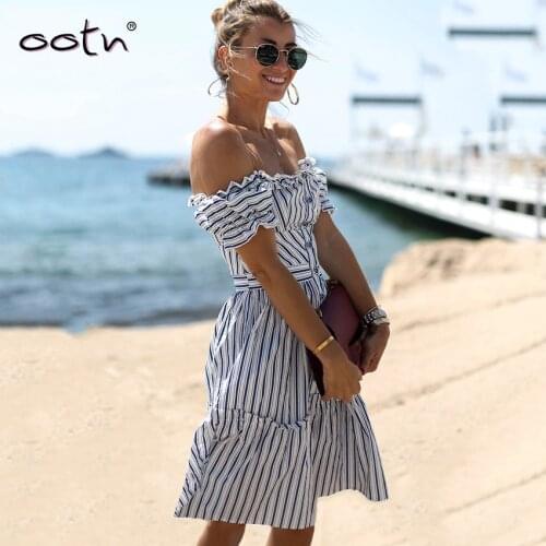 Bclout Blue White Striped Sun Dress Women Off Shoulder Sexy Frill Sundress Female Flare Short Sleeve Button Down Dress Summer