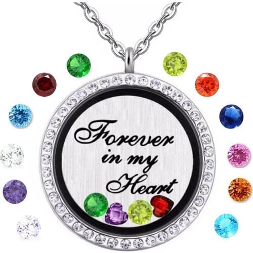 Floating Charms Forever in my heart Memory Locket Necklace Magnetic Glass Lockets With birthstones pendant jewelry Wholesale