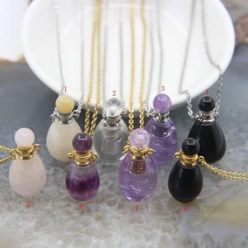 Polished Quartz Crystal Perfume Bottle Pendant Necklaces,Natural Amethysts/Obsidian/White Quartz Essential Oil Diffuser Vial