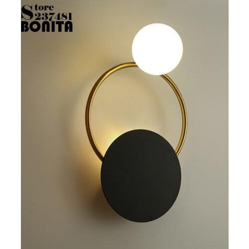 Simple luxury circle Sconces Lamps Black golden round Wall Lamp Eclipse Solar system metal ring glass small Wall Light