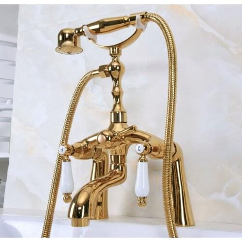 Luxury Gold Color Brass Deck Mounted Bathroom Clawfoot Bathtub Mixer Tap With Hand Shower Head Bath & Shower Faucet Lna133