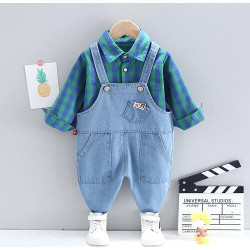 LISUNNY 2021 Spring Baby Girl Boy Clothing Sets Kids Clothes Plaid Shirt Bib Pants Toddler Infant Child Casual Costume