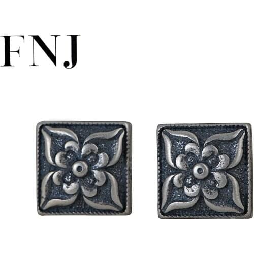 FNJ Cross Flower Square Earrings 925 Silver Original Pure S925 Sterling Silver Stud Earring for Women Jewelry