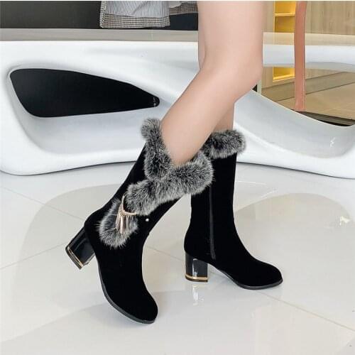 YMECHIC 2021 Winter Womens Snow Boots Plus Size 34-45 Plush Warm Mid-calf Furry Female Sweet Side Buckle Shoes Round Toe Black