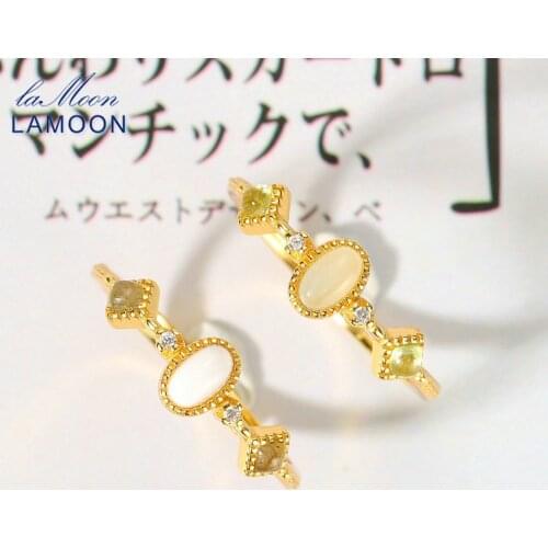 LAMOON Vintage Natural Aquamarine Ring For Women 925 Sterling Silver Jade Ring 14K Gold Plated Fine Jewelry Accessories