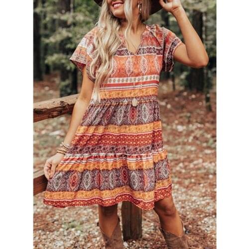 Za Print V Neck Dress Short Sleeve Loose Women 2021 Summer Midi Dresses Patchwork Casual Vintage Fashion Harajuku Dress