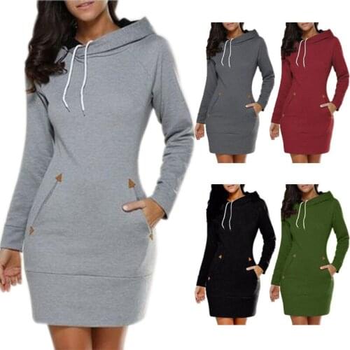 Winter Dress Women Hoodies Sweatshirt Dress Fashion Hooded Drawstring Full Sleeves Fleeces Women Dresses Plus Size S-5XL