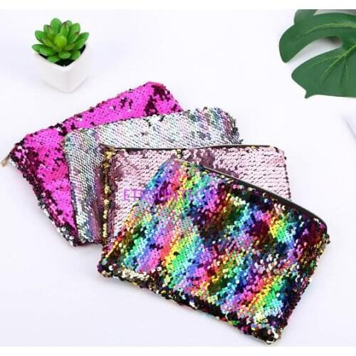 100pcs/lot Women Reversible Sequins Mermaid Glitter Make Up Pouch Fashion Handbag Popular Lady Cosmetic Bag Evening Clutch Bag