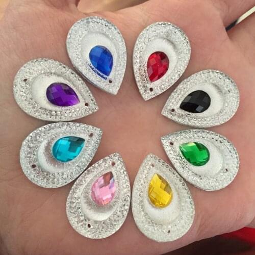 20pcs Resin 18mm*25mm Double Color Teardrop Flat back rhinestone Wedding 2 Hole appliques Clothing Accessories ornaments SC81*2