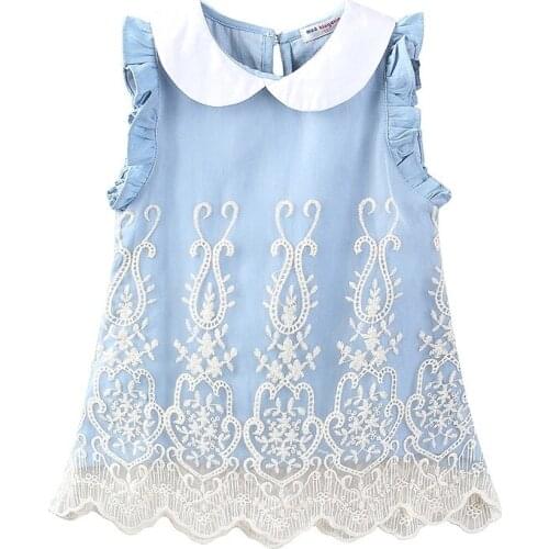 2018 Summer Girl Dress Lace Flowers Blue White Stitching Sleeveless Lapel Clothing Casual Toddler Girl Kids Denim Princess Dress