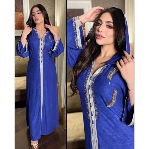 2021 Summer Fashion Style Muslim Women V-neck Long Sleeve Blue Abaya Muslim Fashion Dresses