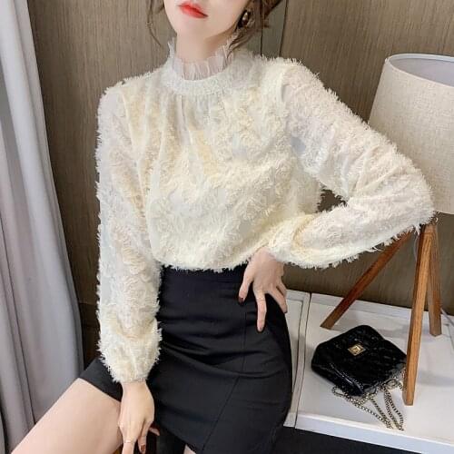 Women Blouses Lace Long Sleeve Top Stand Collar Fringe Blouse Ladies Office Workwear Blusas Mujer De Moda 2021 Verano