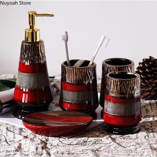 Light Luxury Retro Black Red Ceramic Lotion Bottle Toothbrush Holder Mouthwash Cup Soap Dish Bathroom Decoration Accessories