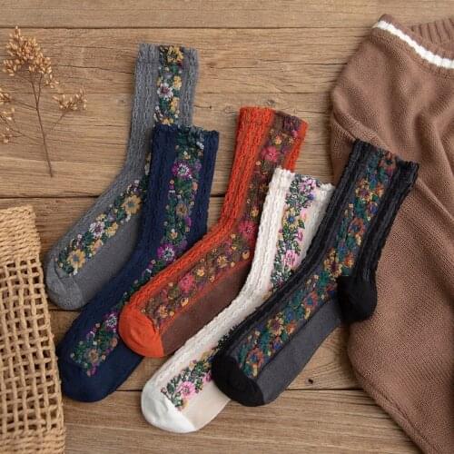 Jeseca Hot Ethnic Style Womens Socks Floral Print Harajuku Retro Vintage Streetwear Long Socks for Woman Japan Style Cute Sock