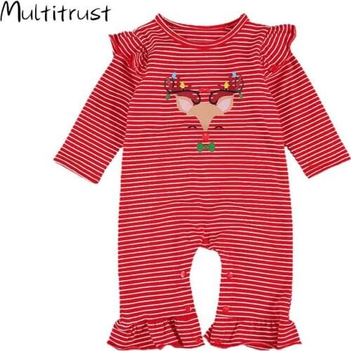 Baby Girls Jumpsuit 2020 Autumn Christmas Red Stripe Deer Horn Print Long Sleeve One-piece Baby Pajamas 0-24 Months