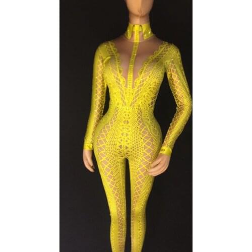 Printed Rhinestones Jumpsuit Stretch Yellow Black White One Piece Nightclub Singer Dancer Womens Party Wear Sexy Bodysuit