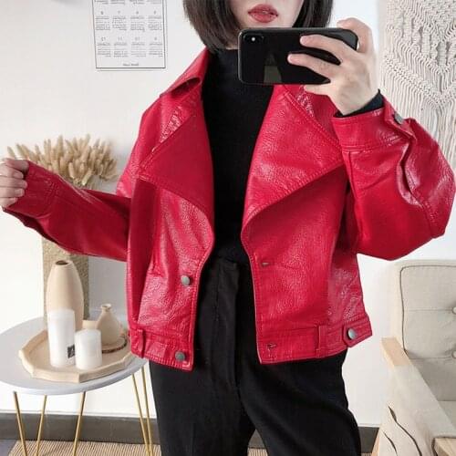 2020 Women Faux Leather Jacket Loose Soft Pu Motorcycle Punk Leather Coat Batwing Sleeve Short Female PU Jacket