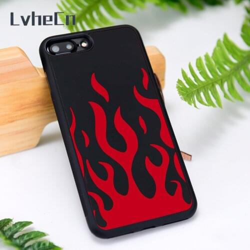 LvheCn Silicone Rubber Phone Case Cover for iPhone 6 6S 7 8 Plus X XS XR 11 12 Mini Pro Max Red And Black Flame