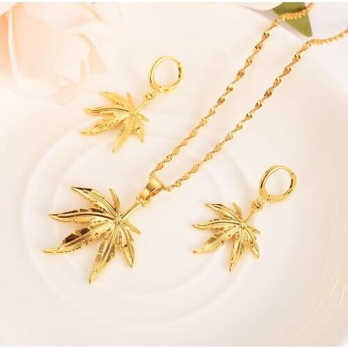 Fashion hemp leaf Necklace Earring Set Women Party Gift Solid Gold Filled Leaf Necklace Earrings Jewelry Sets